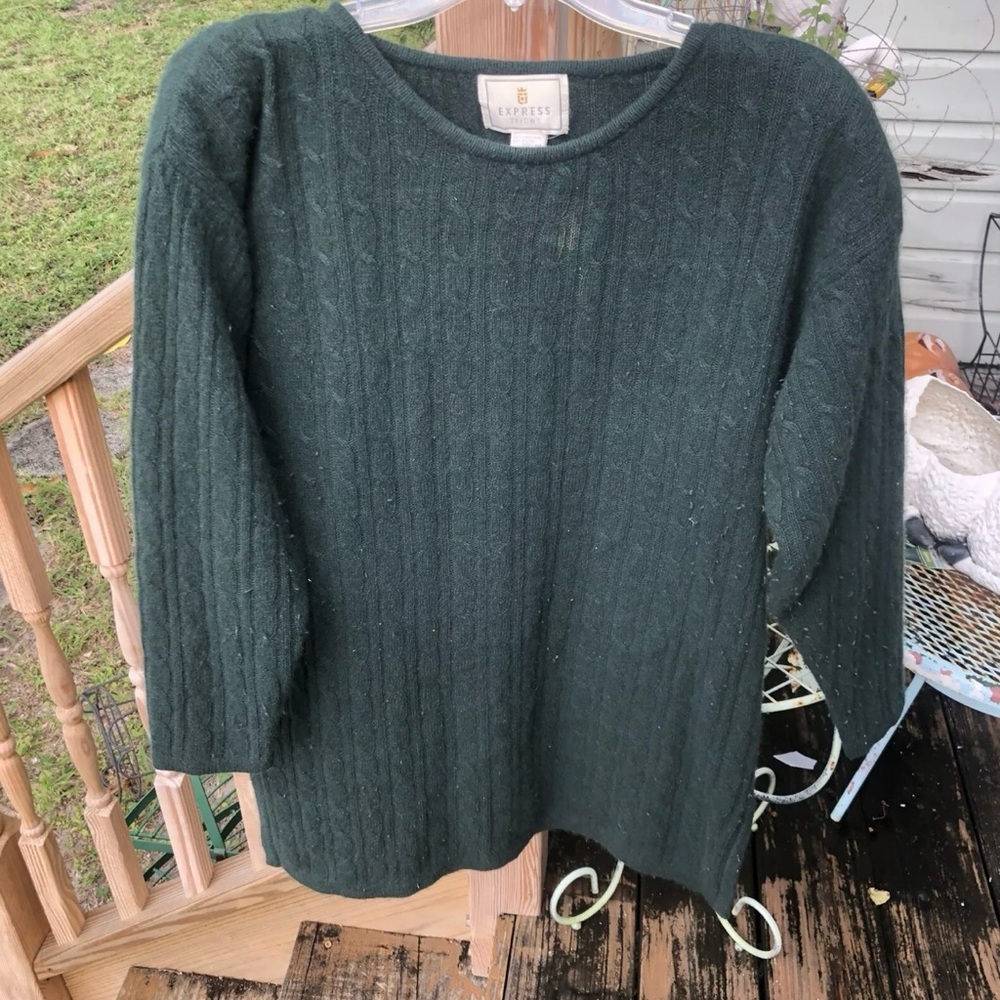 Express Tricot Green Wool Angora Sweater S Cable Knit Round Neck Vintage 80s 90s